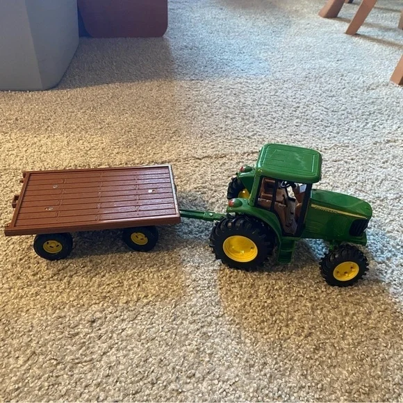 John Deere Metal Diecast Tractor Toy W/ Flatbed Trailer Green